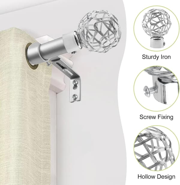 Sett med 2 dekorative hule gardinstangknopper i metall - Indre diameter: 25 mm - Sølv