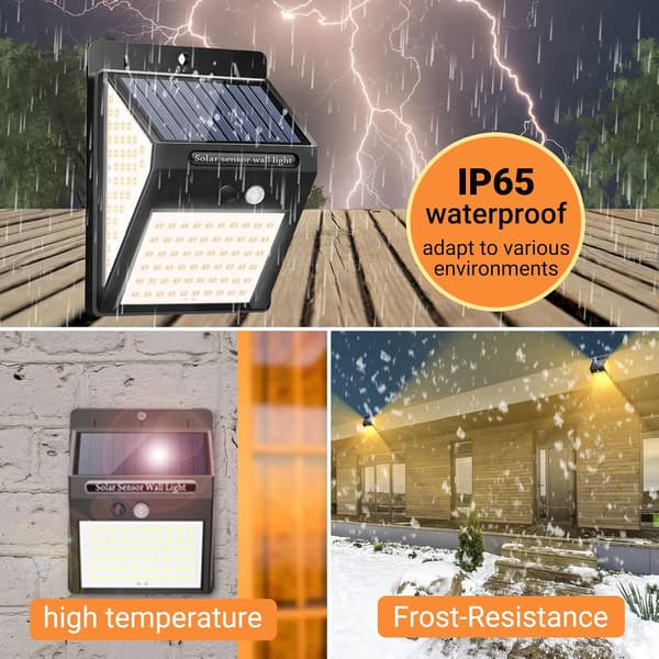 [2-pakning] Utendørs solcellelamper, 140 LED bevegelsessensorlamper, IP65 vanntett, 3 smarte lysmoduser for hage, gårdsplass (varmhvit)