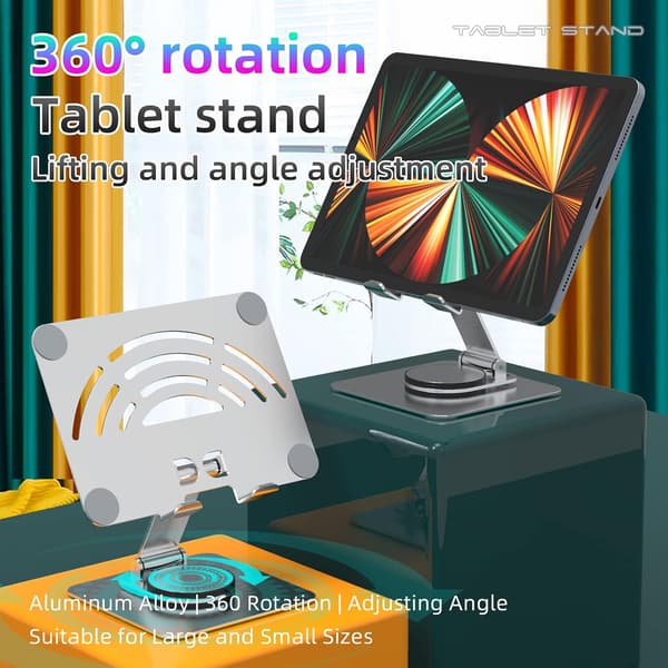 1 stk. Nettbrettstativ. 360° Roterbart Justerbart Nettbrettholder, Sammenleggbart Aluminium Skrivebord iPad Stativ Dock etc (4-13 \") grå