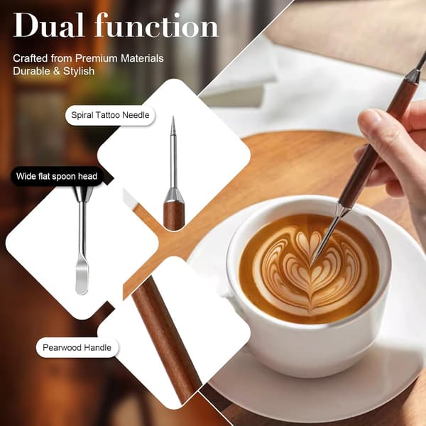 2-pack Latte Art Pen Set, Stainless Steel Coffee Drawing Tools with Wooden Handle, Double-Ended Barista Accessories