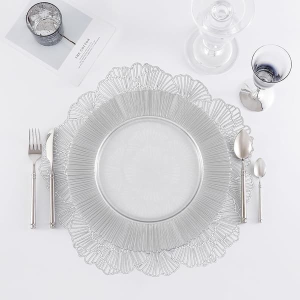 Round Silver Placemats Set of 4, Floral Vinyl Table Mats, Table Setting, Kitchen Placemats for Dining Table, Holiday, Wedding, Decorative