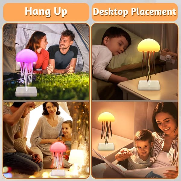 Bordlampe med RGB-gradientbelysning, animerte ben og berøringssensor, egnet for soverom og stue.