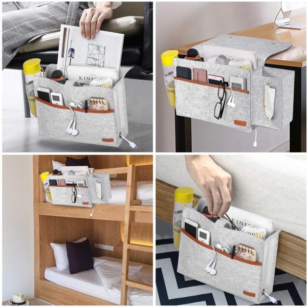 Sengebord Organizer, Filt Sengeoppbevarings Caddy med Vevboks og Vannflaskeholder, Magasin Telefon Tablett Fjernkontrollholder