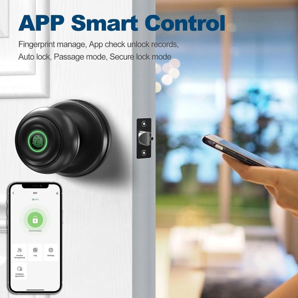 Smart dørhåndtag, fingeraftryksdørlås Smart Lock Biometrisk dørlås Fingeraftryksdørhåndtag med appkontrol, fantastisk til soveværelser, garderobe, A