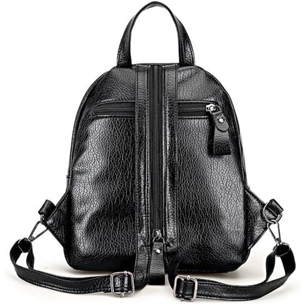 Ryggsäcksväska i äkta läder för kvinnor Multifunktionell Elegant dagsäck för damer (svart) Liten ficka med dragkedja bak och fram
