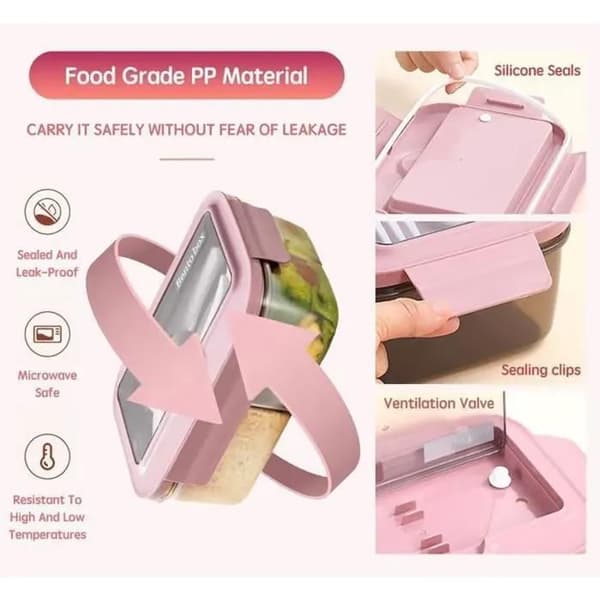 Microwave-safe lunch box, 1400 ml lunch box with 3 compartments and cutlery, lunch box for picnic, work, school (pink)