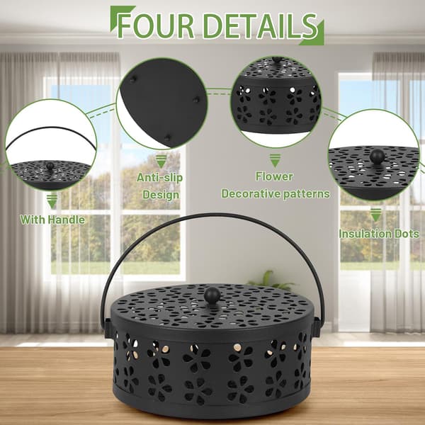 Retro Portable Iron Mosquito Coil Holder with Handle Round Fireproof Incense Holder (Black)
