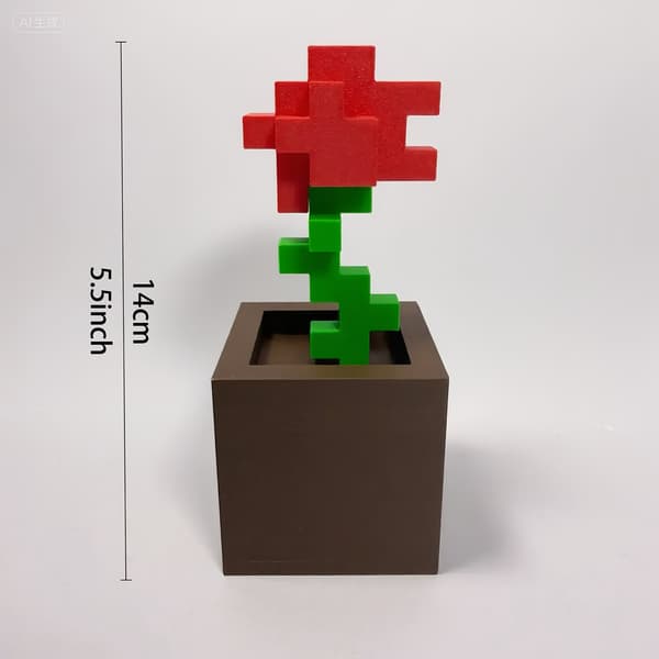 Pixel Rose Flower 3D Printed Decorative Ornament Desk Valentine's Day Gift Red Red
