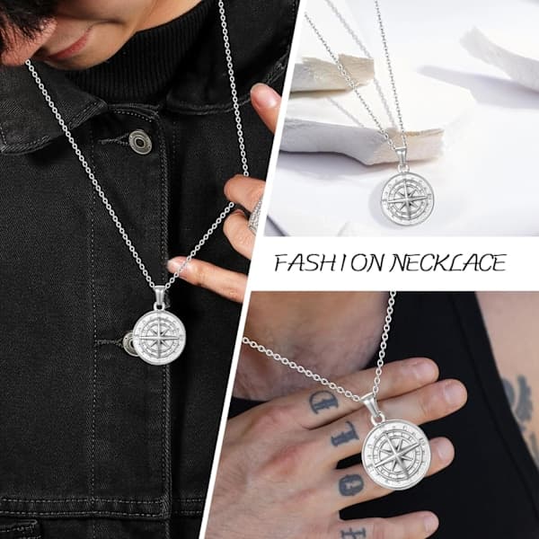 Herrehalskæde, sølvkompas, halskæde i rustfrit stål, kædevedhæng, smykker
