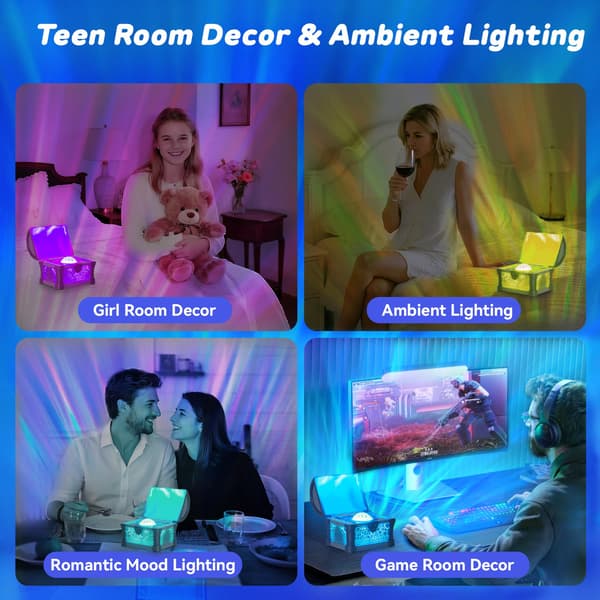 Northern Lights Projector Treasure Chest Night Light Aurora Light Projector with 8 Effects and Remote Control Dimmable Galaxy Light Mood