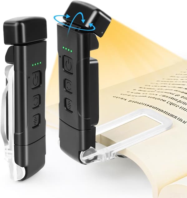 USB Rechargeable Reading Light, Ultralight LED Reading Lamp, 3 Colors & 5 Brightness Settings, 90° Rotatable Head