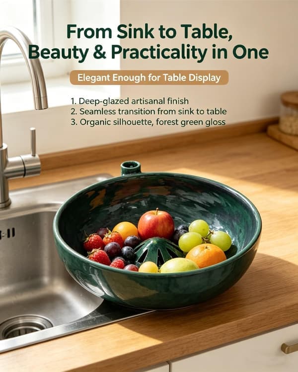 Self-Rotating Ceramic Berry Bowl with Drain, Automatic Fruit and Vegetable Cleaning Bowl, 3D Printed