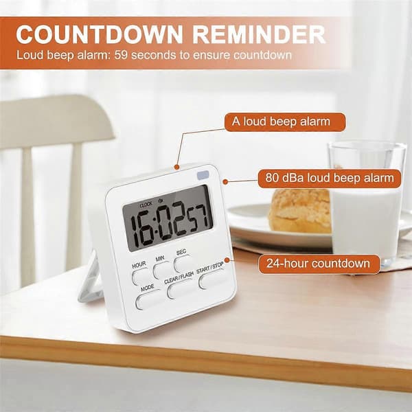 Kitchen Clock, Egg Timer with Clock, Digital Timer Stopwatch with LCD Loud Alarm for Cooking, Baking, Sports, Learning, etc.