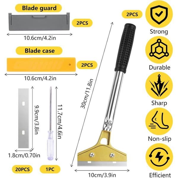 Window Scraper - Set of 2 - Carbon Steel - 30 cm Long Handle - For Cleaning Windows and Paint - With Replacement Blades