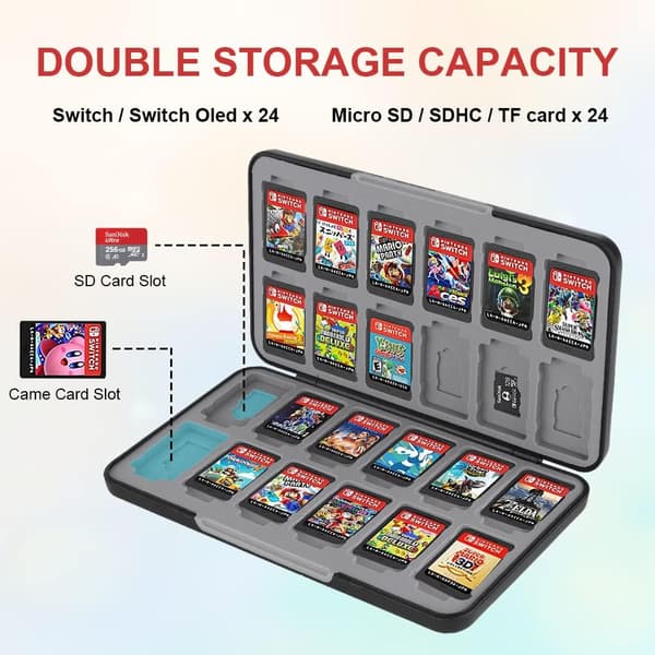wxsp Switch-spilkortsetui, til Nintendo Switch-spil, med 24 kassettepladser, bærbar spilkortholder og opbevaring