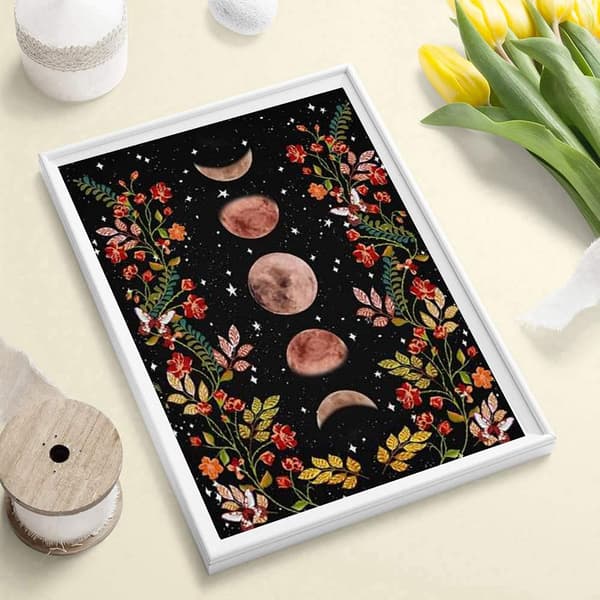 Diamantmalingssæt til voksne og børn, månen og blomsterne under stjernerne 5D DIY diamantmaling 12x16 tommer