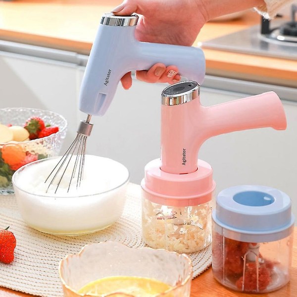 Elektrisk hvitløkshakker, moser, visp, eggepisker, mikser, håndholdt, automatisk skummer, rosa