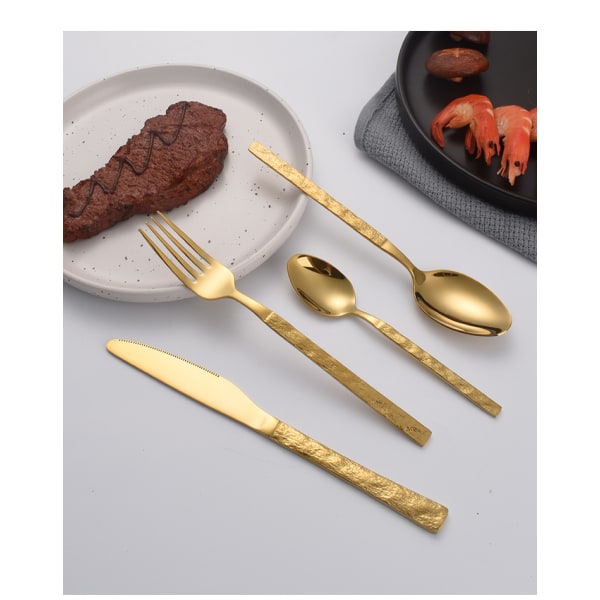 4 STK bestikksett for 8 gull sølvtøysett Hammerhåndtak Oppvaskmaskinsikker speileffekt inkluderer middagsgafler skjeer