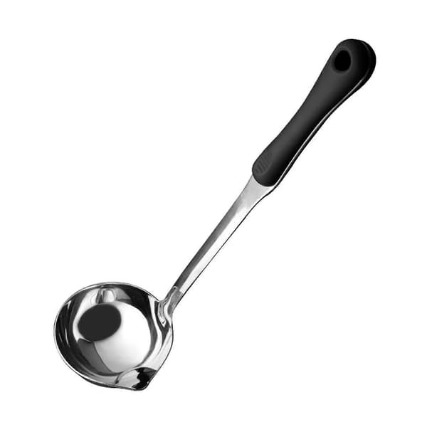 Suppeøse i rustfritt stål med sil, stor matlagingsskje med ergonomisk langt håndtak