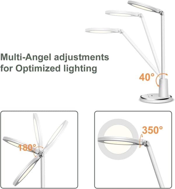 LED Desk Lamp, 10 Brightness Levels and 5 Adjustable Color Modes, Touch Control Bedside Lamp, White