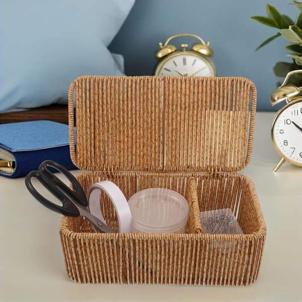 Woven Shelf Baskets with Lids - Rectangular Rattan Storage Basket with 2 Dividers