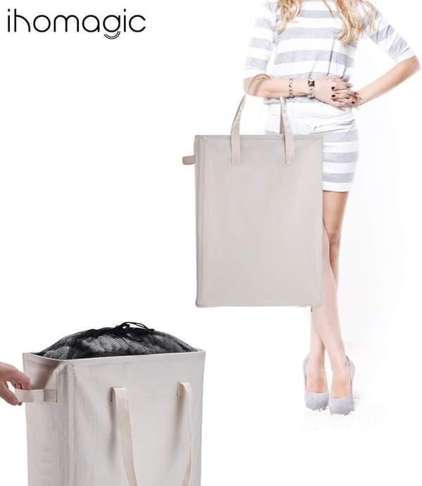45L Laundry Baskets with Handles (Beige), Foldable Slim Laundry Hamper Rectangular Oxford Fabric Laundry Bag Laundry Baskets Bathroom Storage Bag 39x19x60CM