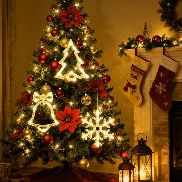 3-pack Christmas Window Lights Decorations with Timer, Battery Operated Christmas Hanging Warm White Luminous Snowflake Tree Bells Shaped LED Suction Cup for