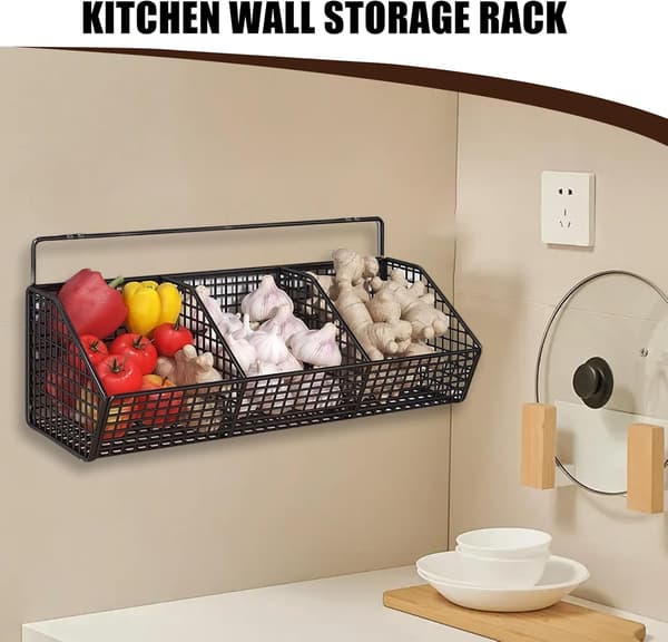 Vegetable Storage for Kitchen, 3-Compartment Potato Basket, Space-Saving Wall-Mounted Rack for Ginger, Garlic, and Onions in Pantry