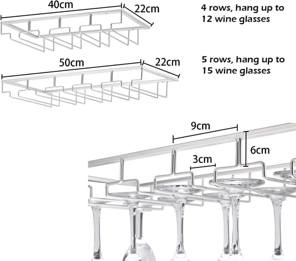 Hængende glasstativ, metalvinglasholder, glasopbevaring under skabsinstallation (4 rækker, sort)