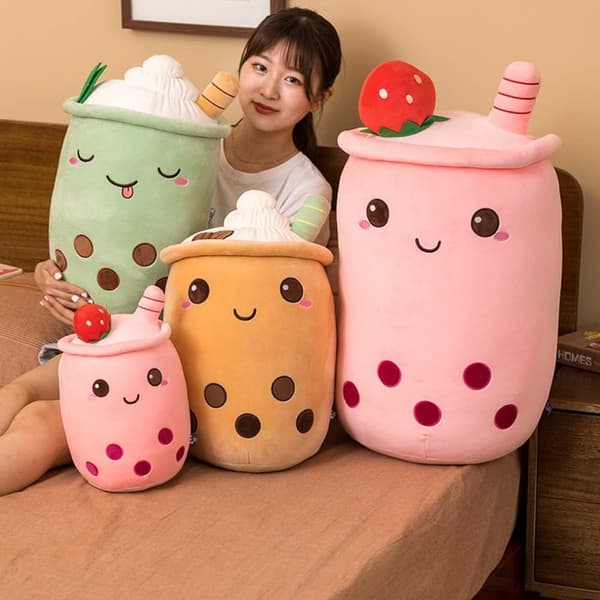 Bubble Tea Plush Pillow, Cute Milk Tea Cup Plush Bubble Tea Soft Toy with Strawberries, Bubble Tea Cup Plush Toy Stuffed Throw Pillow (Brown) brown
