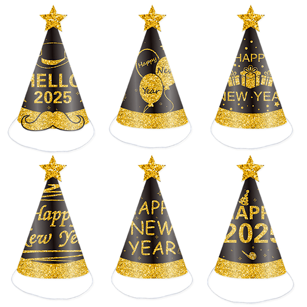 12 stk. Kjegle Happy New Year Partyhatter - passer til voksne, enkel og rask montering kreves (29*20cm)