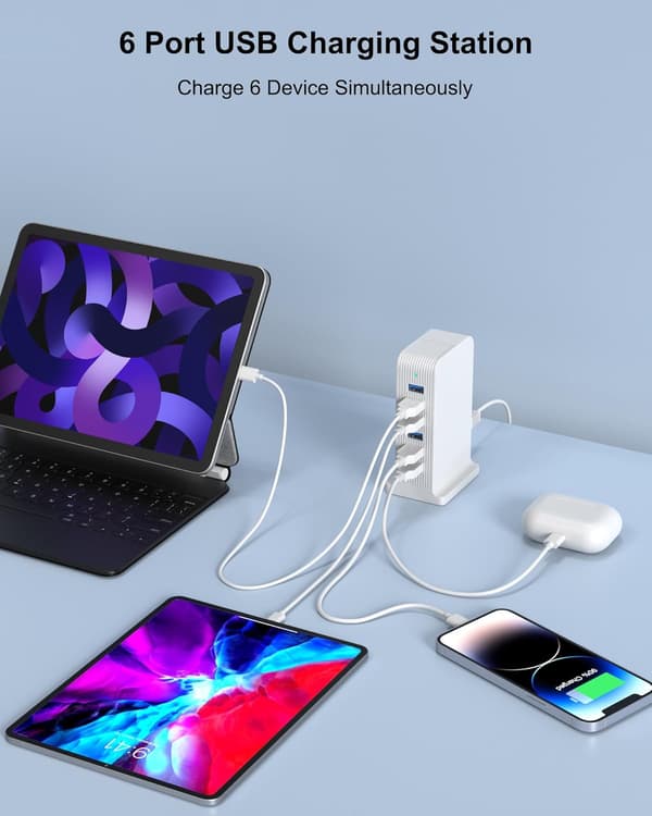 USB Charging Station for Multiple Devices, 25W USB Charger, 6 Port Charging Hub, Multi Charger (White)