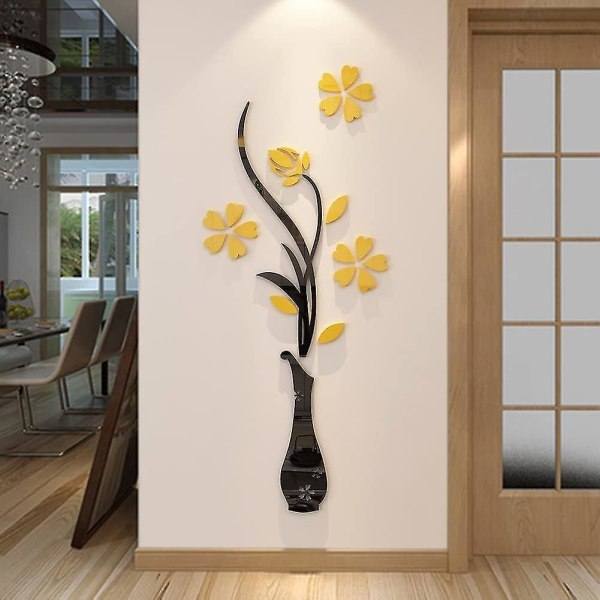 3D vase-veggmalerier som er kompatible med seng-diy-dekal R-rotter (gul, 59 X 23 tommer)