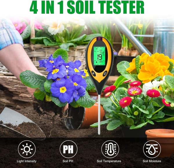 4-in-1 Soil Tester pH Meter - Digital Plant Thermometer - With Backlight - Temperature - Soil pH - Soil Moisture - Garden Hygrometer - Soil