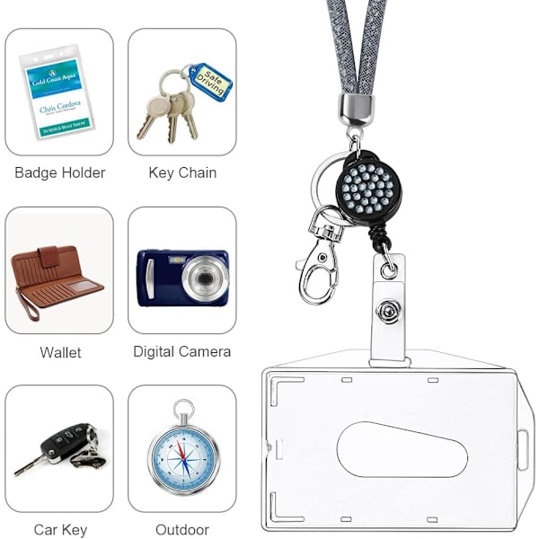 Korthållare med lanyard, kristall-lanyard med transparent ID-korthållare, lanyard och brickhållare set, nyckelrings brickhållare och halsband för nycklar Gray