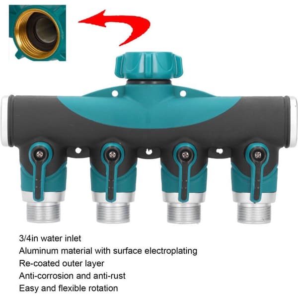 4-way distributor, pipe separator, metal valve water distribution control connection, garden irrigation distributor