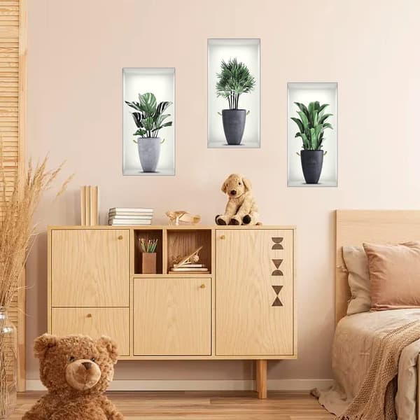 3D Väggdekaler Vas 3 st, 3D Vinyl Väggdekorationer DIY Väggtatuering Gröna Växter Väggdekaler Självhäftande för Vardagsrum, Sovrum