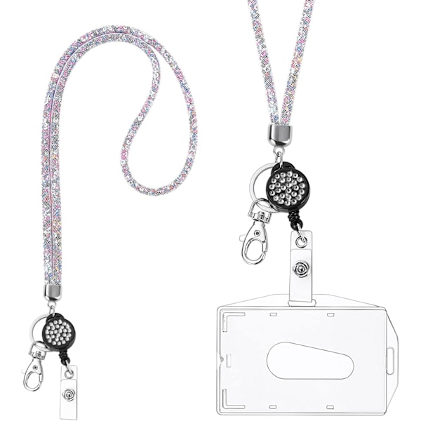 Korthållare med lanyard, kristall-lanyard med transparent ID-korthållare, lanyard och brickhållare set, nyckelringsbrickhållare och halsrem för nycklar White