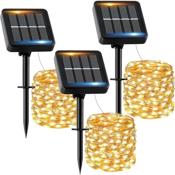 12M 100 LED Outdoor Solar String Lights - 3pcs Waterproof Warm White 8 Modes Solar Decoration