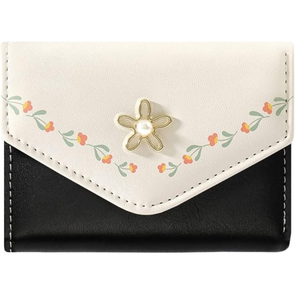 Dame Jenter Lommebok Søt Flower Tri-Fold Lommebok PU Skinn Veske Slank Kort Lommebok Liten Trifold Cash Card Holder Bag (svart)