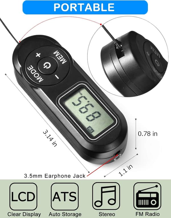 Portable Radio, FM Digital Tuner, Best Reception, Pocket Transistor Stereo Receiver, Battery Powered Walkman