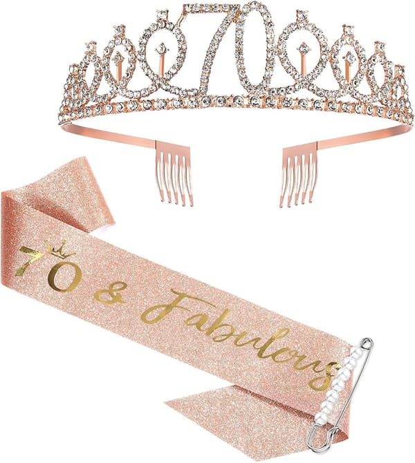 70-årsdag sash og tiara for kvinner, rosegull bursdagssash krone 70 & Fabulous Sash og tiara for kvinner
