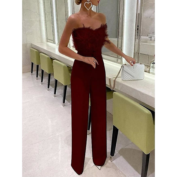 Jumpsuit til kvinder Lang Jumpsuit Stropløs Skrå Hals Fjer Tube Top Sexy PartyMVinrød Red wine M