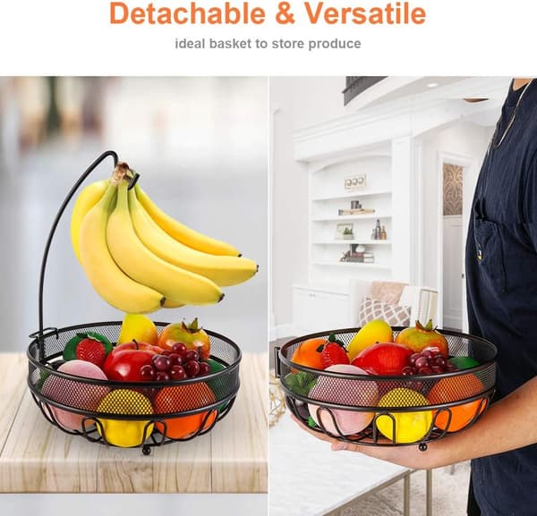 Metal Fruit Basket with Banana Hook, Storage for Vegetables, Bread, and Snacks