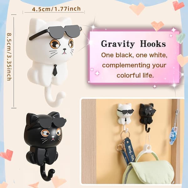 Self-adhesive Cat Hooks - 2-pack Cute Key Holders for Hats, Towels, and Bags - Wall Decor
