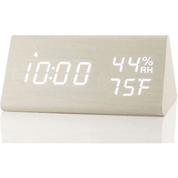 Digital väckarklocka, med elektronisk LED-tidsvisning i trä, luftfuktighetstemperaturdetektering, trägjorda elektriska klockor för sovrum, sängkant (vit)