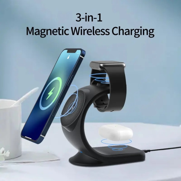 3 i 1 Magnetisk Trådløs Oplader, Kompatibel med MagSafe til iPhone 12/13/14 Pro MAX, AirPods, Apple Watch 1-8 (Sort)