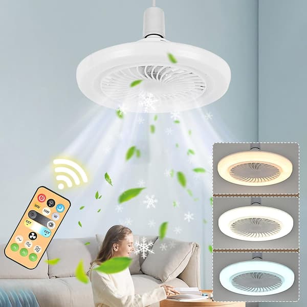Ceiling fan with light for bedroom - E27 3 colors enclosed ceiling fans with remote control Intelligent control, eye-protecting dimmable