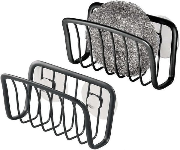 2 Pcs Sponge Holder with Suction Cups, Small Metal Dish Organizer for Sponge and Scrubber, Practical Kitchen Organization Aid, Matte Black [DB]