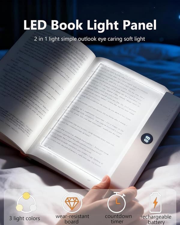 Rechargeable Transparent LED Reading Light, Dimmable Full Page Panel Light with Book Clip, Three Color Modes and Timer. White White White